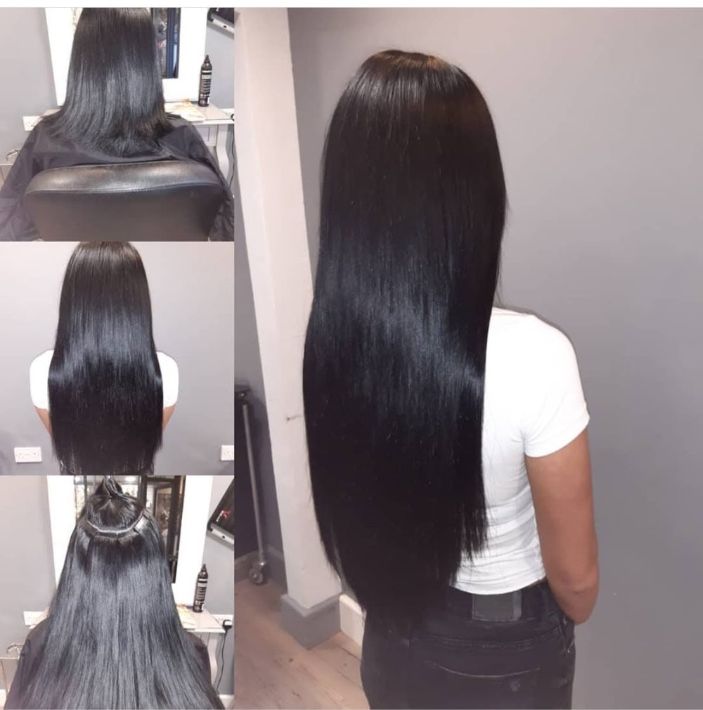 Before and after long black tape extensions.